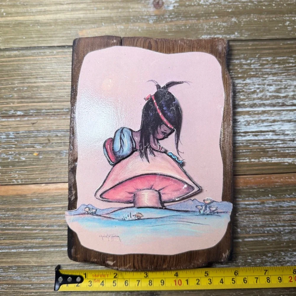 Gerda Christofferson Art Mushroom Oodie Girl Wood Plaque Cottagecore 70s Vintage